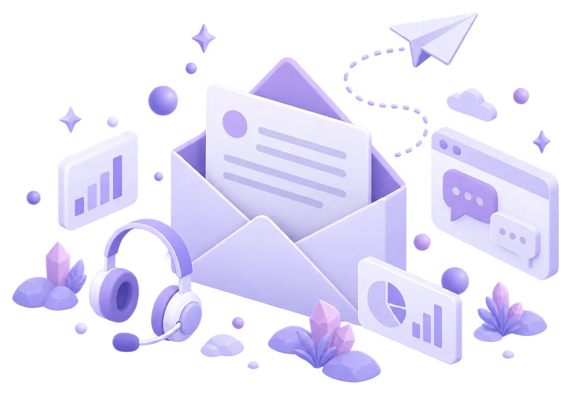 Illustration of an open envelope surrounded by a chat window, a headset and a paper plane