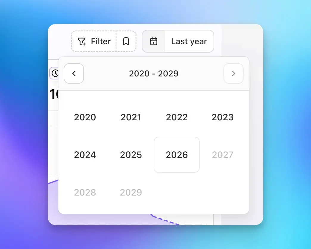 Screenshot of the improved date range picker showing the year selection view