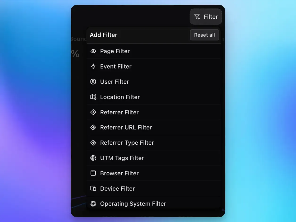 Screenshot of the Vemetric dashboard filter popup