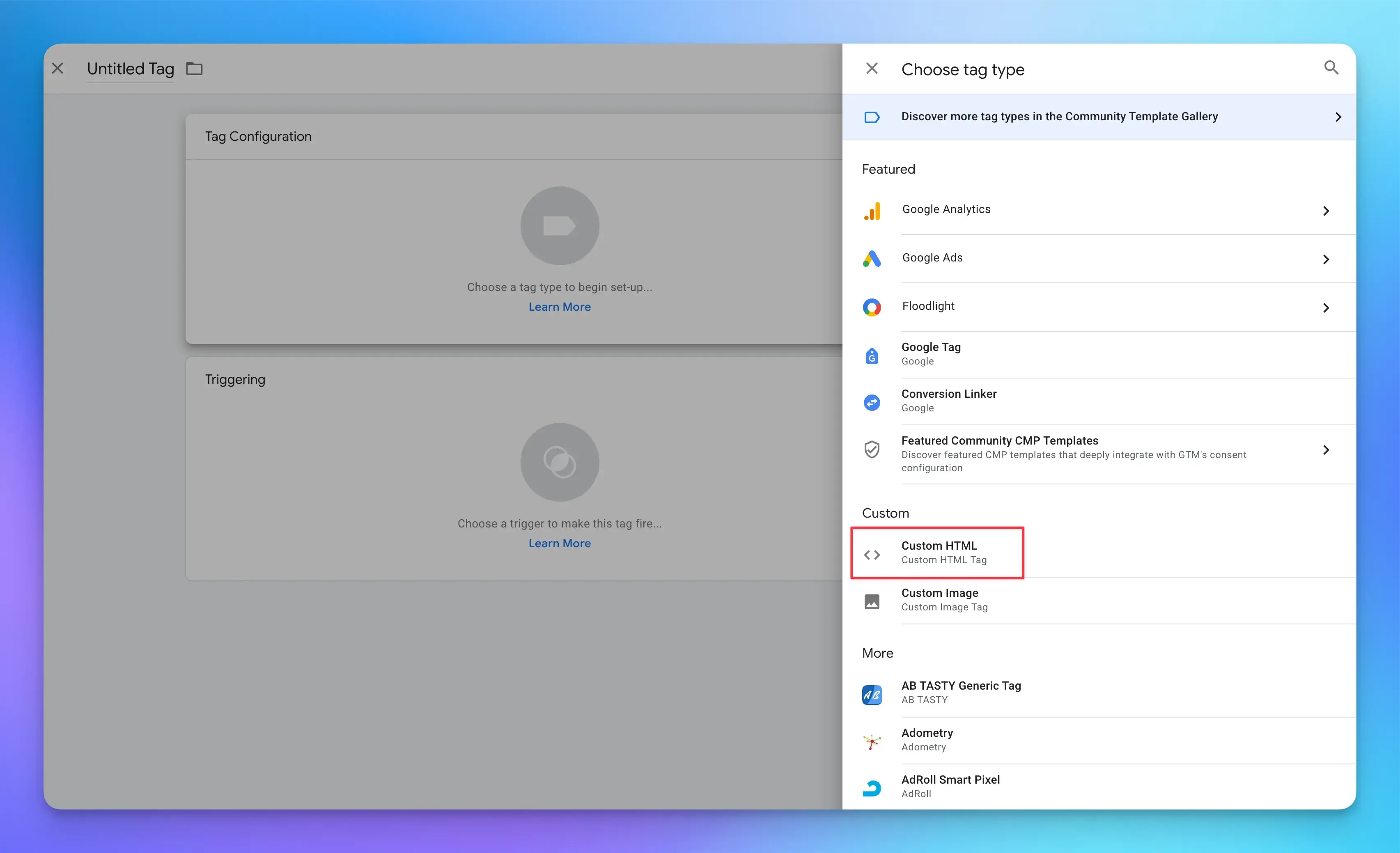 Screenshot of specyfing the tag type in Google Tag Manager