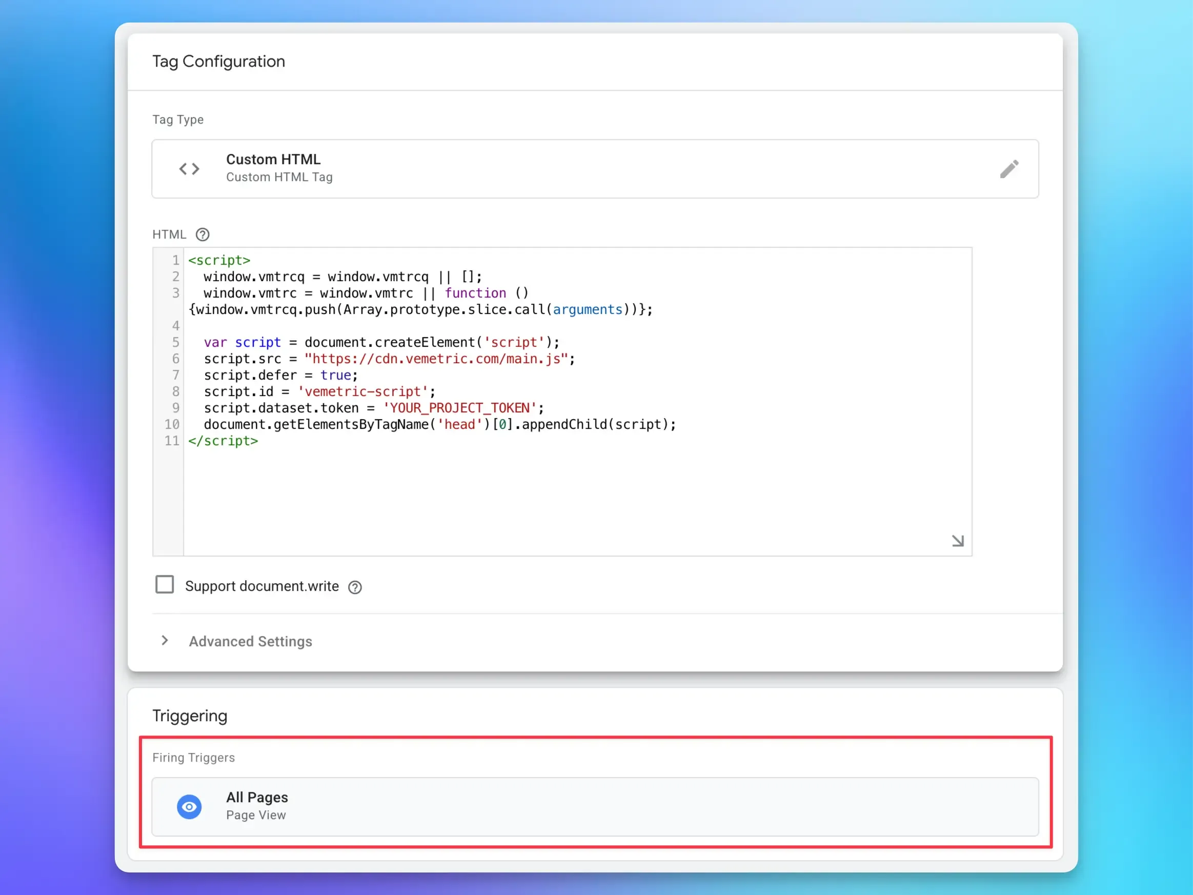 Screenshot of specyfing the tag trigger in Google Tag Manager