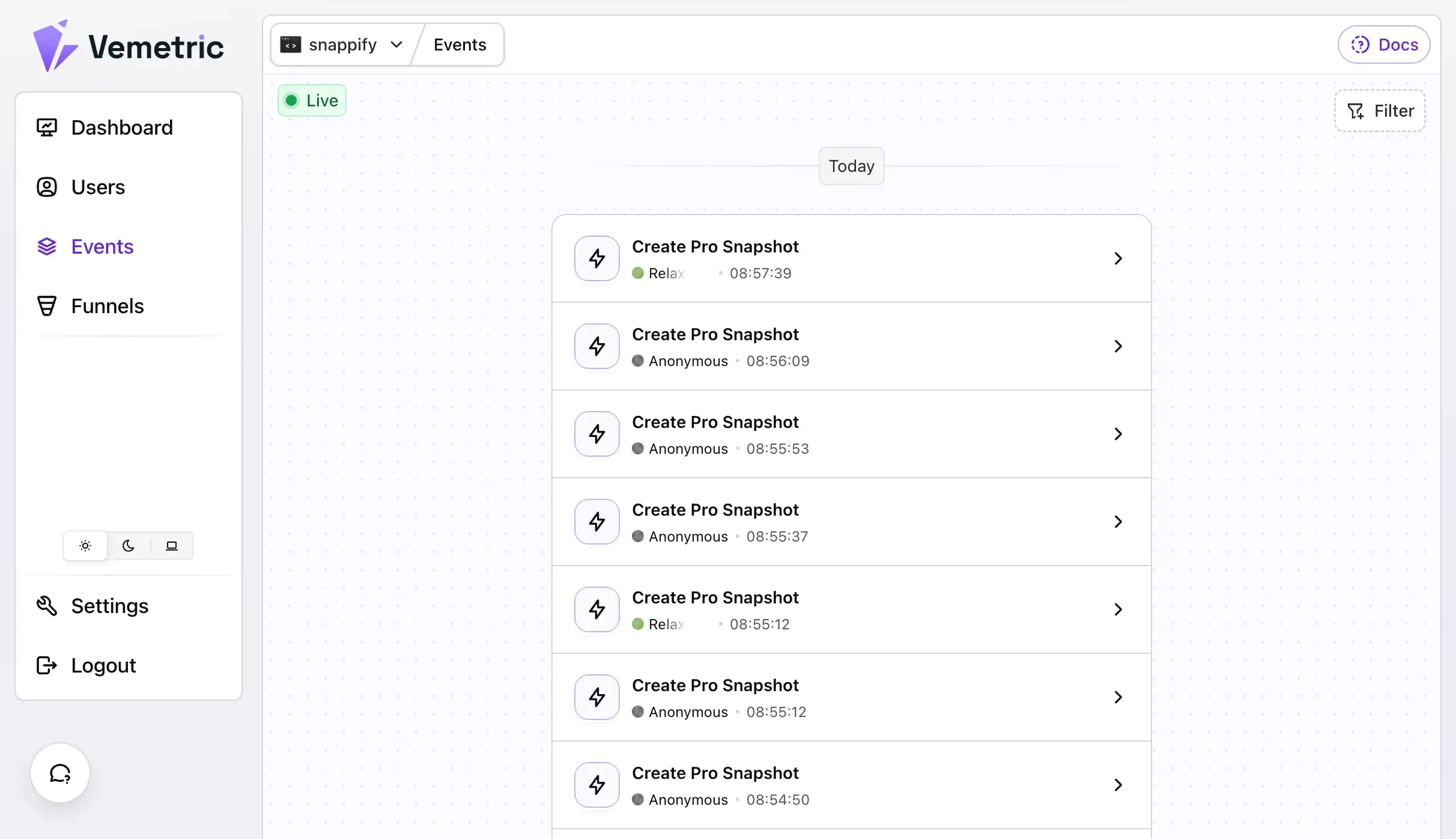 Screenshot of the Vemetric Events