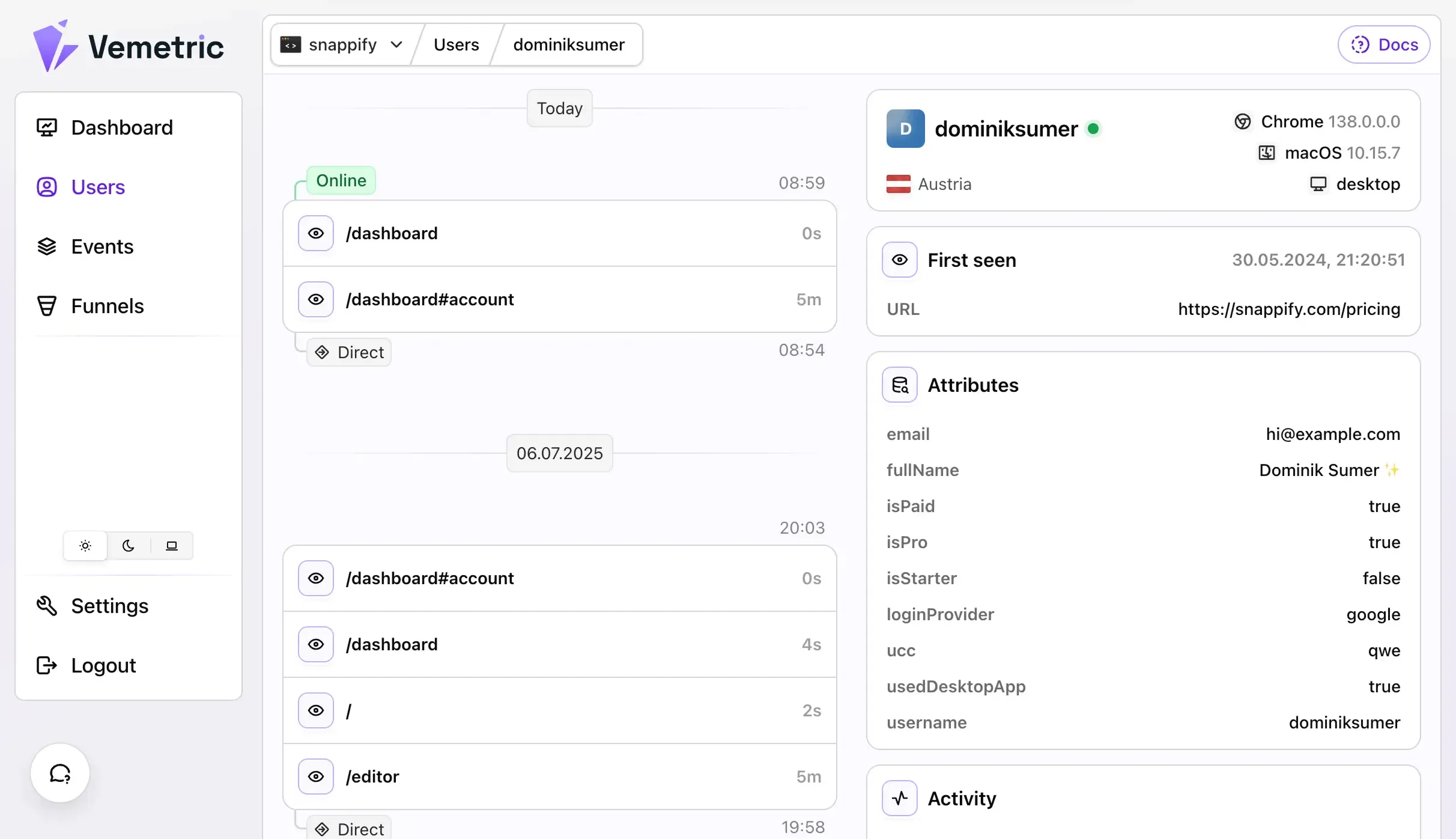 Screenshot of the Vemetric Users