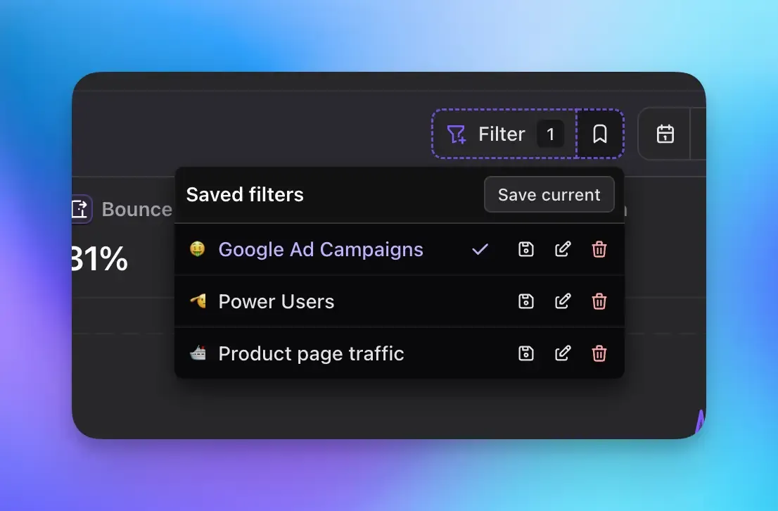 Screenshot of the Saved filters popover