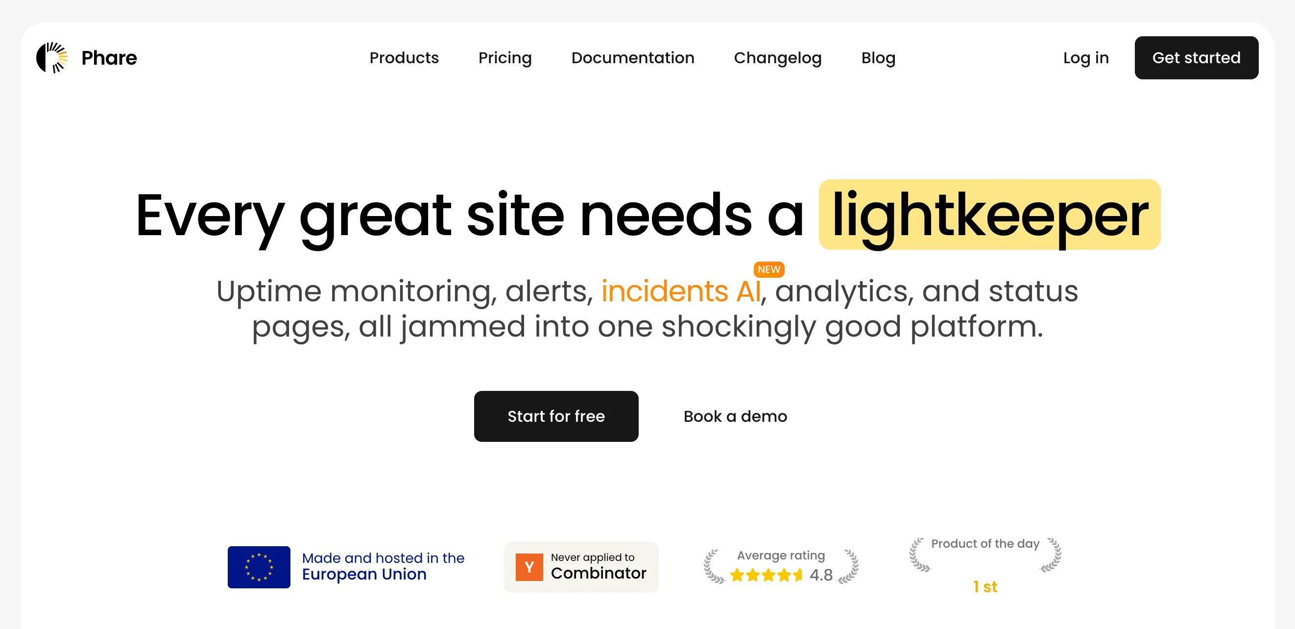 Screenshot of the Phare landing page